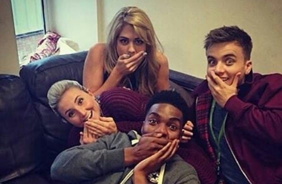 Duayne Boachie with actresses and actor of ''Hollyoaks'' series