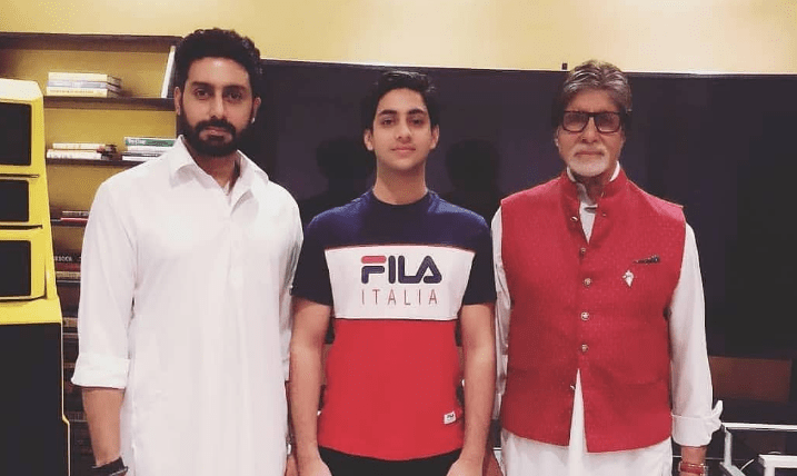 Agastya Nanda with his grandfather Amitabh Bachchan and paternal uncle Abhishek Bachchan
