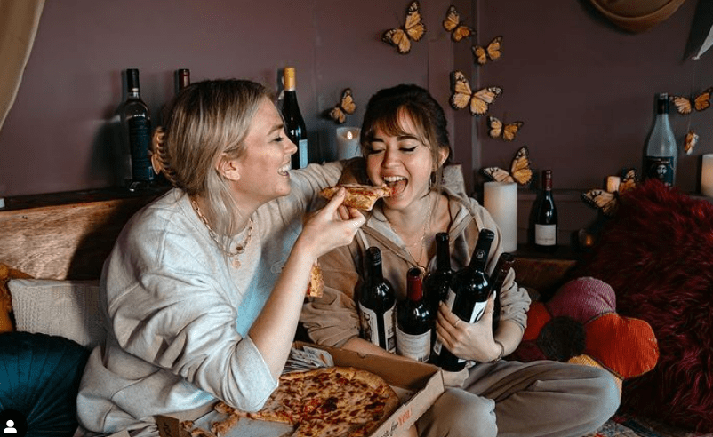 Maya Higa with her bestie doing a Pizza party